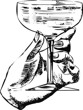 Hand holding two ripe bananas next to a glass of milk on table Vector, illustration