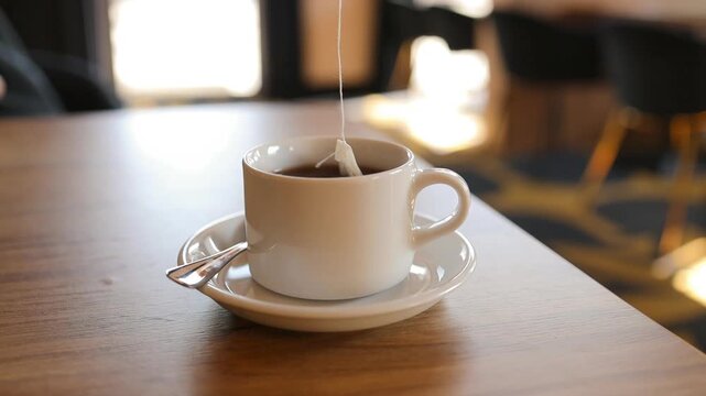 Close up view of white ceramic cups filled with hot coffee or tea, sitting on saucers on a wooden table surface. The background is softly blurred, capturing a cozy, minimalist, and peaceful morning