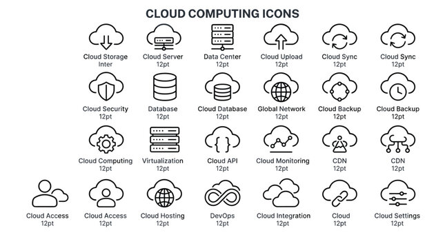 Cloud computing line icon collection including server api virtualization database cdn monitoring devops integration global network access and security symbols set.