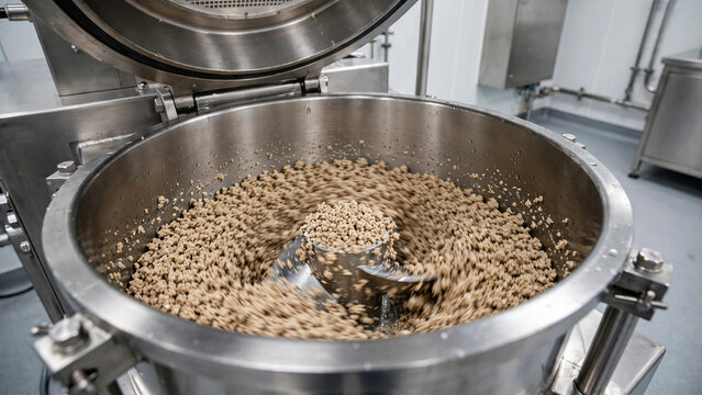 High shear wet granulation mixing of pharmaceutical granules in stainless steel bowl, manufacturing facility equipment
