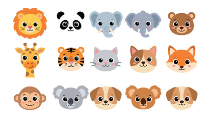 Fototapeta premium Cute set of animal head icons for kids featuring friendly characters like lions pandas elephants and forest creatures in flat cartoon style for creative design.