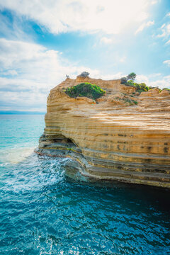 Cape Drastis, natural landscape with white rocks and turquoise waters, northern part of Corfu island, Ionian islands of Greece