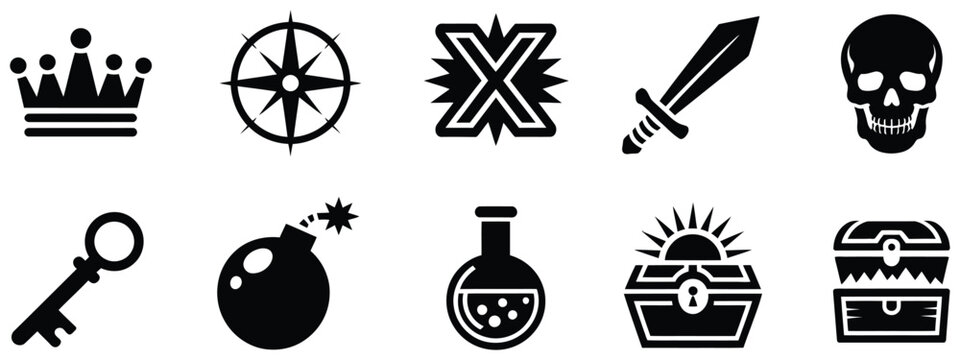 Treasure hunt vector icons featuring pirate map, treasure chest, adventure route, hidden treasure, nautical quest symbols, and storytelling game graphics.