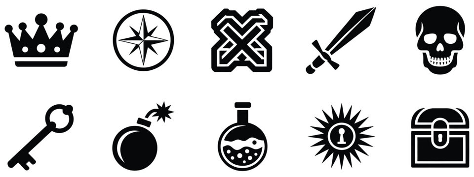 Treasure hunt vector icons featuring pirate map, treasure chest, adventure route, hidden treasure, nautical quest symbols, and storytelling game graphics.