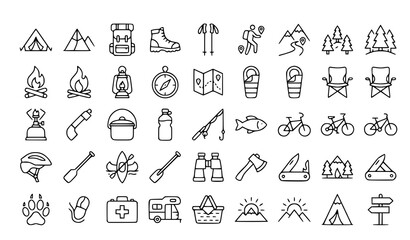 Camping and hiking outdoor adventure line icons set including tent mountain compass campfire and backpack vector symbols © Riazul