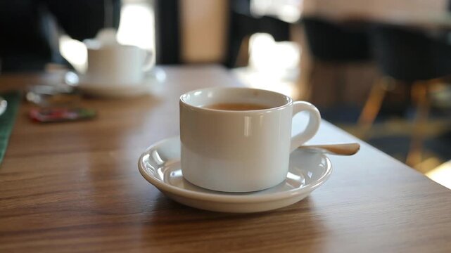 Close up view of white ceramic cups filled with hot coffee or tea, sitting on saucers on a wooden table surface. The background is softly blurred, capturing a cozy, minimalist, and peaceful morning