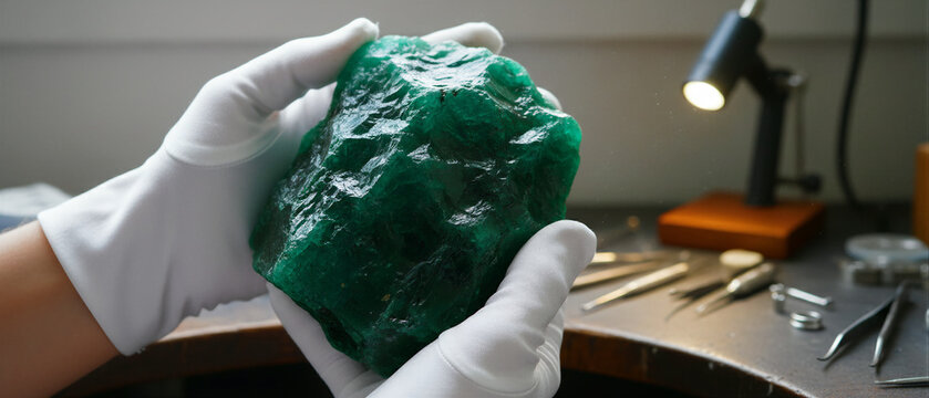 Hands in white gloves holding a large raw green emerald gemstone. Jeweler inspecting massive rough mineral over a workbench. Luxury gemology concept for jewelry industry and investment marketing.