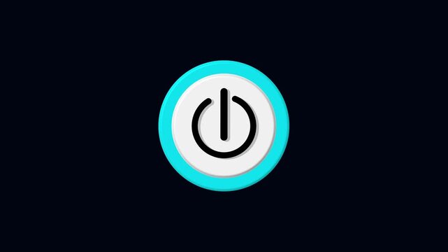 Symbol technology power button animation glows with sharp cyan rings. Technology power system switch icon displays modern corporate styling. Power button layout loops perfectly for video.