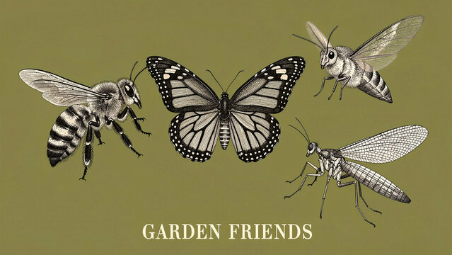 Vintage insect illustrations including a butterfly, bee, and dragonfly on a green background. Detailed hand-drawn engraving style depicts garden pollinators. Nature education concept for posters.