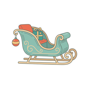 Charming retro Christmas sleigh with gift and ornament, festive holiday illustration in pastel colors