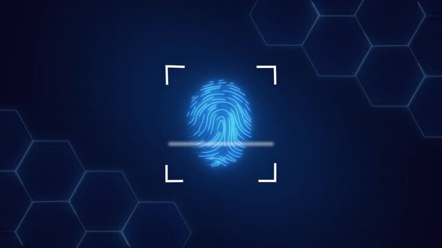 Security biometric fingerprint scan animation tracks hexagonal grids. Biometric fingerprint modern scanner layout provides tech verification fields. Scan animation system looks futuristic.