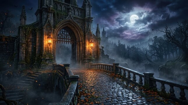 Halloween haunted castle gate on a dark and foggy night
