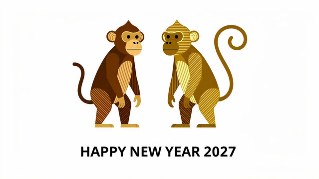 Two stylized monkey illustrations with Happy New Year 2027 text. Modern flat design characters on white background. Chinese zodiac theme for holiday greetings and lunar calendar marketing.