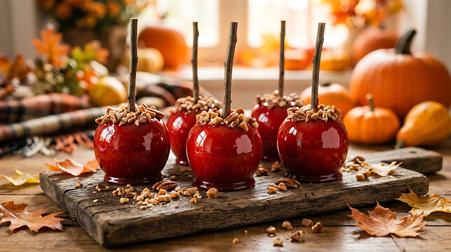 Delicious red candy apples on a rustic wooden board