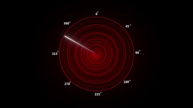 Red radar screens track sweep metrics across high visibility circular grids. Tactical ocean navigation training software looks authentic inside this radar setup dashboard. Radar lines rotate.
