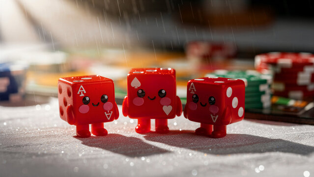 Three cute red dice characters with faces standing on a board game surface. Decorative gambling pieces with ace markings and casino chips in the background. Luck and entertainment gaming concept.