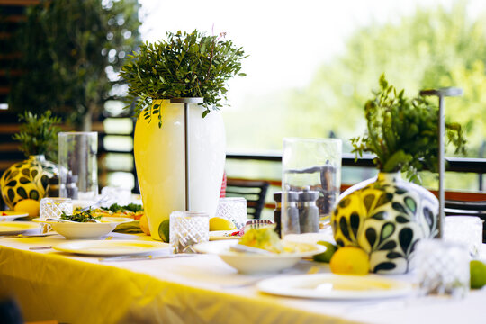 Elegant dining table setting with vibrant green centerpieces and fresh citrus fruits arranged for an outdoor social gathering