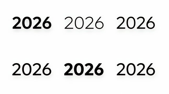 The image shows the year "2026" written six times in different fonts and weights, arranged in two rows of three.