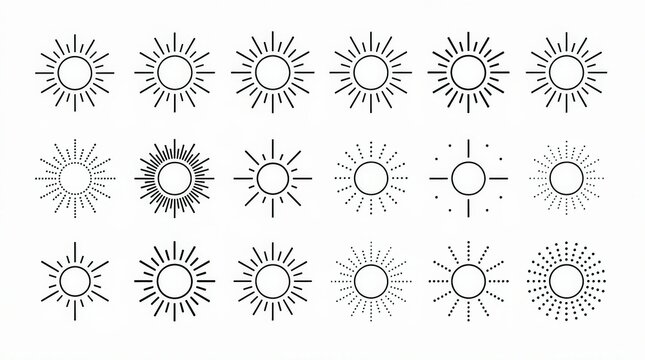 A collection of 20 different minimalist sun icons with various styles of rays and dot patterns, all in black and white line art.