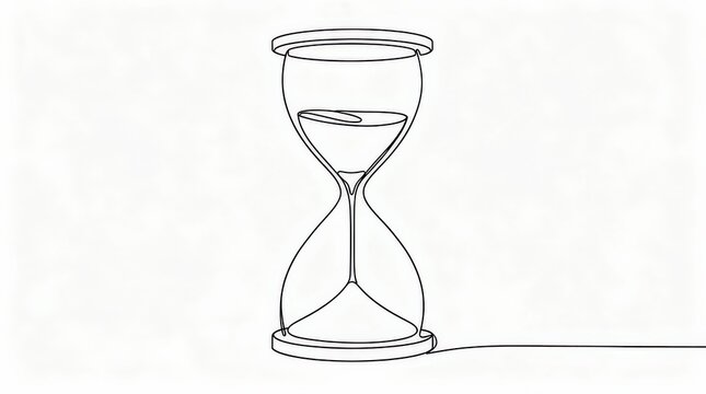 A minimalist one-line drawing of an hourglass with sand flowing from the top chamber to the bottom.