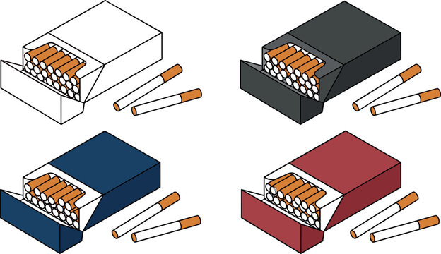 Isometric Cigarette Pack Mockup Vector Set with Open Cardboard Boxes in White Black Blue and Red Containing Cigarettes and Orange Filters