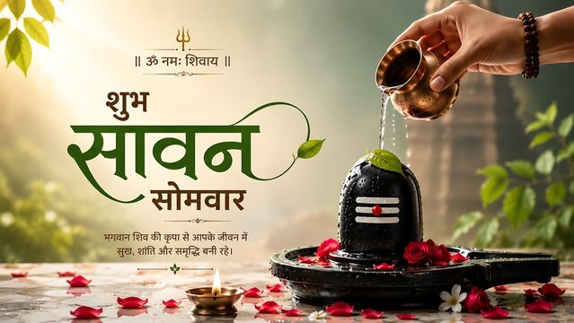 Sawan Somvar Festival Greeting with Shivling Water Offering and Temple Background