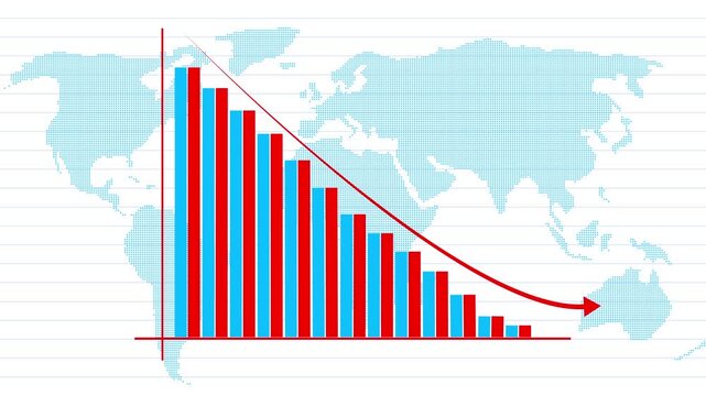 Red and blue bar graphs measure fluctuating market metrics over world maps. Corporate trading dashboard interfaces gain premium visual structure via this bar graphs layout. Analytics tracks.
