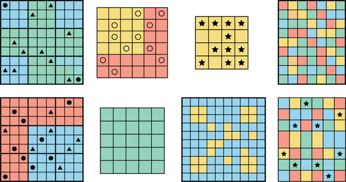 Logic Grid Puzzle Template Vector Set with Sudoku Variants Educational Math Games Mind Exercises and Geometric Symbol Layouts for Brain Training Apps