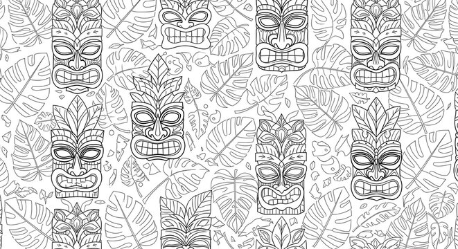Tropical Polynesian pattern with carved tribal faces and monstera leaves
