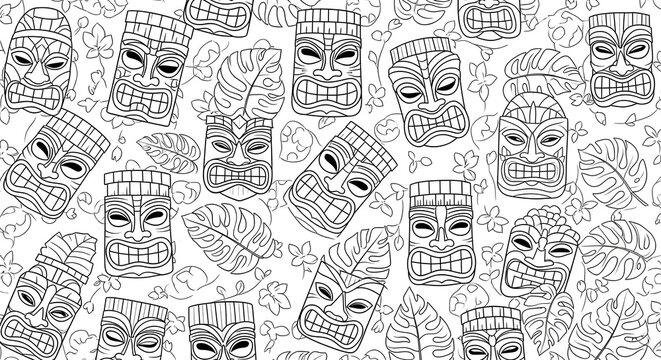 Polynesian tribal tiki mask seamless pattern outline coloring page