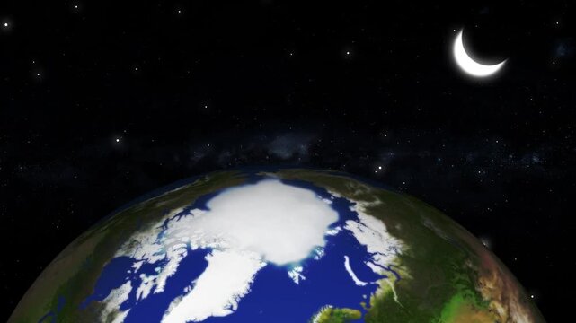 Earth from space maps show northern polar ice caps beneath glowing moons. Celestial geography classroom presentations gain beautiful visual Earth authority elements. Earth orbs rotate clear.