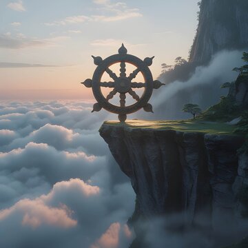 Dharmachakra symbol on mountain cliff. Buddhist wheel of law above clouds at sunrise.