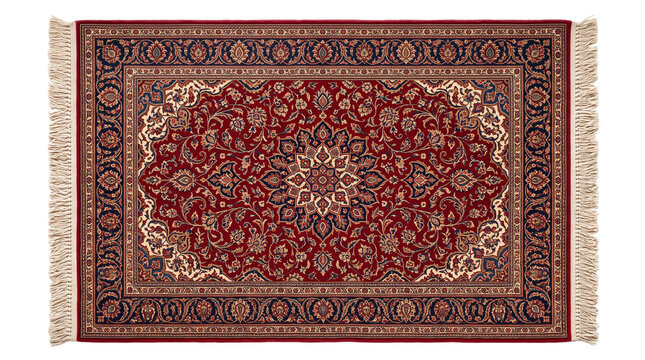 Traditional Persian rug with intricate floral patterns, ornate red and blue oriental carpet with fringe, classic middle eastern tapestry textile