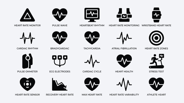 Heart rate monitoring and cardiac rhythm tracking icons featuring pulse wave electrocardiogram and heartbeat rhythm symbols for healthcare and fitness technology.