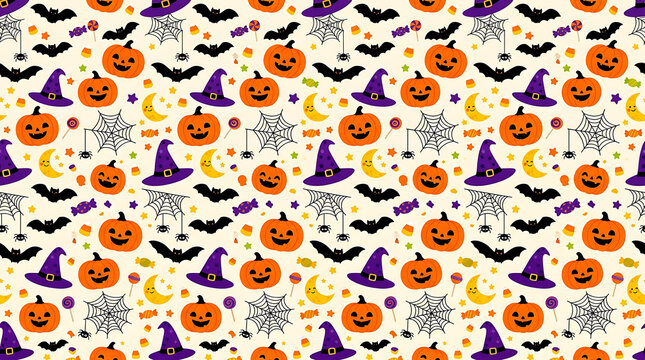 Seamless pattern with halloween pumpkins bats and witch hats