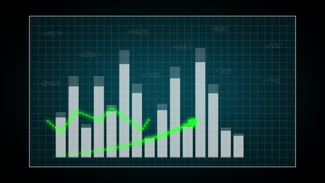 Digital bar chart lines compare market volatility trends using dual arrows. Financial analysis software modules look crisp across this grid monitor bar chart framework. Data charts update.