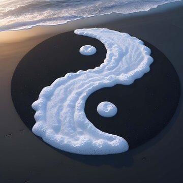 Yin Yang symbol made of sea foam on black sand. Zen balance concept on the beach.