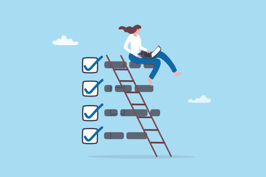 Task checklist accomplishment, work done or finishing progress for project efficiency planning, list or clipboard form report, businesswoman employee working on tick checkbox for task accomplishment.