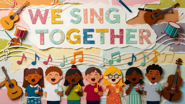 Diverse children singing in a paper-cut illustration. Paper craft characters with instruments and 'We Sing Together' text. Music education concept for school posters and community campaigns.