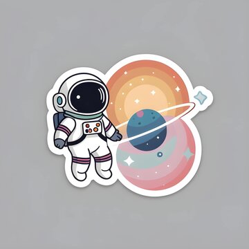 Cute astronaut sticker with planets. Cartoon space explorer floating in the galaxy.
