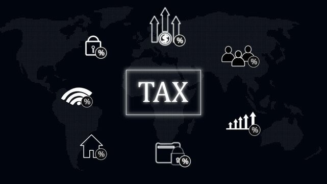 World map overlays display international taxation icons and percentage nodes. Global corporate business reports gain a clean minimal informational world map chart panel. Map finance loops run.