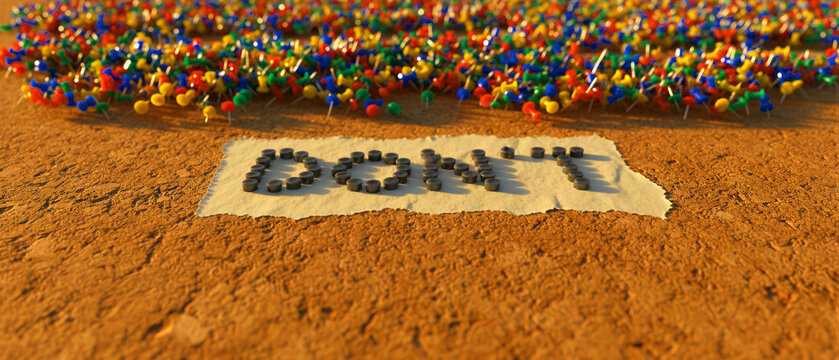 Word DON'T on torn paper surrounded by colorful push pins. Macro view of office stationery on a textured background. Prohibition concept, ideal for business safety and advice.