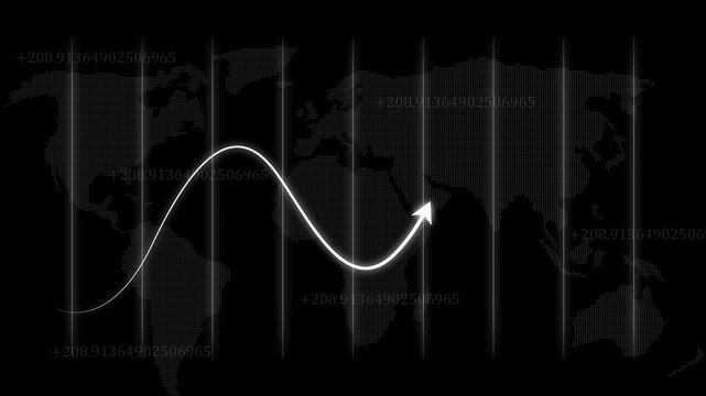 Digital world map systems track descending market averages using red arrows. Global economic short squeeze events stand out sharply on this world map informational panel. Deficit charts fall down.