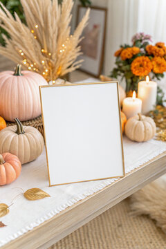 Vertical 8x10 gold metal frame mockup featuring a blank white paper sign template with autumn pumpkins and lights.