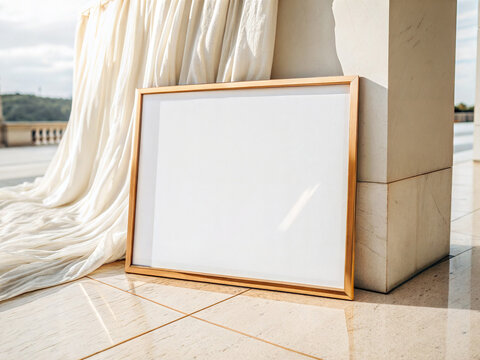 Horizontal 8x10 gold metal frame mockup featuring a blank white paper sign template leaning against a pillar.