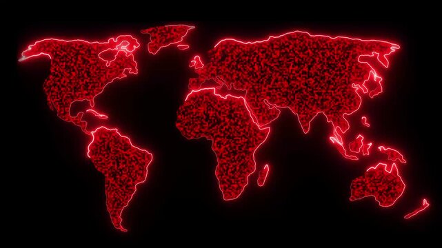 Pixelated world map systems frame global geography inside red neon lines. Arcade style technology videos look highly authentic using this world map box layout setup. Map continent boundaries glow.