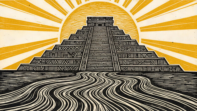 Ancient Mayan pyramid illustration with a rising sun. Stylized woodcut engraving featuring Mesoamerican architecture and geometric patterns. Cultural heritage and historical travel design concept.