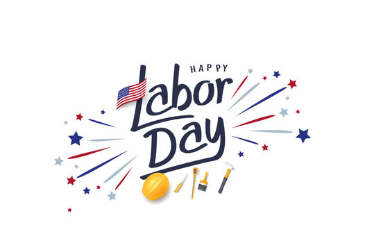 Happy labor day hand lettering background banner template with fire work and tool decoration.