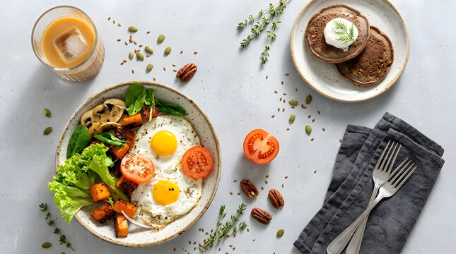 Gourmet Breakfast Plate with Fried Eggs Sweet Potatoes and Pancakes | Healthy Breakfast Spread with Fried Eggs Iced Coffee and Pancakes | Flat Lay Breakfast Meal with Eggs Roasted Sweet Potato 