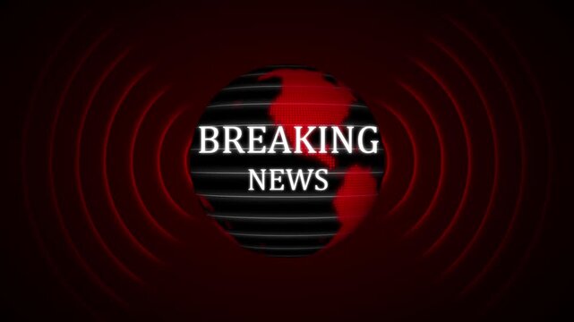 Breaking news text typography animation highlights a red glowing earth globe. News text broadcasting overlay features dynamic audio sound waves. Text typography graphics loop cleanly.